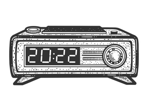 radio alarm clock with 2022 year time sketch engraving raster illustration. T-shirt apparel print design. Scratch board imitation. Black and white hand drawn image.