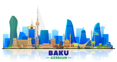Baku (Azerbaijan) city skyline silhouette vector at white background. Flat vector illustration. Business travel and tourism concept with modern buildings. Image for banner or website.