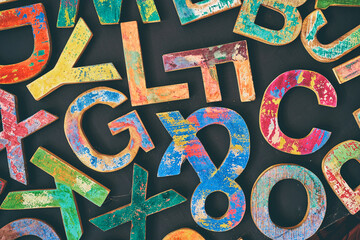 ABC. Black background with a lot of colorful wooden letters.