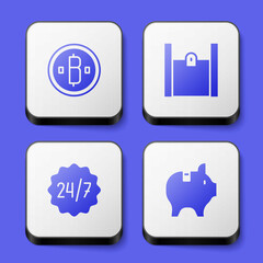 Set Cryptocurrency coin Bitcoin, Paper shopping bag, Clock 24 hours and Piggy bank icon. White square button. Vector