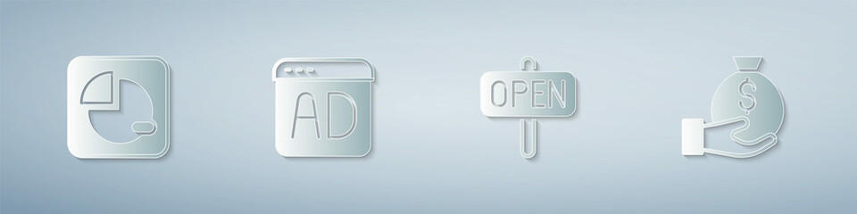 Set Pie chart infographic, Advertising, Hanging sign with text Open and Money bag. Paper art style. Vector