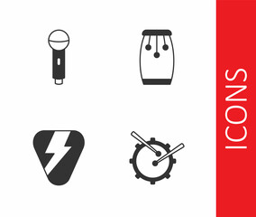 Set Drum with drum sticks, Microphone, Guitar pick and Conga drums icon. Vector