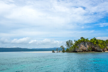 Sandbar Near a Tropical Island and Jungle in the Background