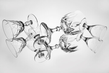 Bicchieri a calice in cristallo inciso si riflettono su un fondo a specchio