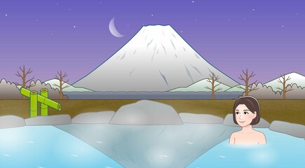 富士山が見えるところで温泉に入っている女性