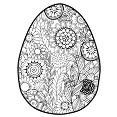 Vector doodle coloring book page or adult. Easter egg in mandala style. Detailed black contour flowers pattern on white background