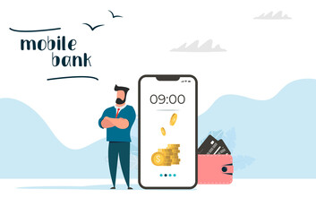 Mobile bank. The guy stands near the wallet and the phone with the application of the bank. Vector