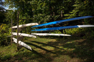 Crew racing rowing boats standing on metal stand © Olga