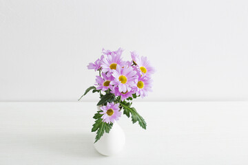 chrysanthemums flowers in ceramic vase on white background