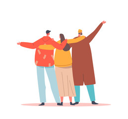 Hugs with Friends Rear View, International Friendship Day Celebration, Unity and Support Concept. Characters Hugging