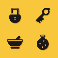 Set Open padlock, Bottle with potion, Witch cauldron and Old magic key icon with long shadow. Vector