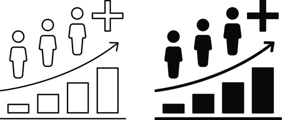 Population growth icon, increase social population growth icon, increase social development, global demography, people evolution chart, thin line symbol on white background - editable vector eps 10