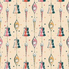 Christmas decorations vintage tree toys in retro style. Seamless vector pattern for wrapping paper, fabric, background, greeting card, invitations