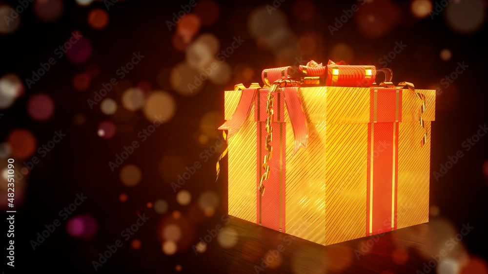 Poster golden - red giftbox on festival backdrop - object 3d rendering