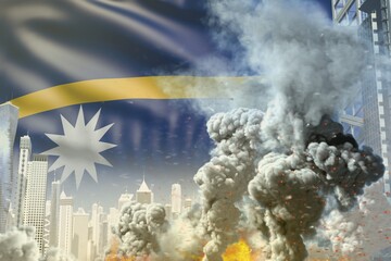 big smoke column with fire in the modern city - concept of industrial accident or terroristic act on Nauru flag background, industrial 3D illustration