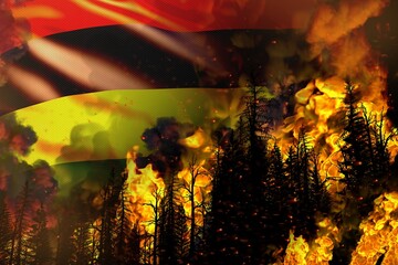 Big forest fire fight concept, natural disaster - heavy fire in the trees on Mauritius flag background - 3D illustration of nature