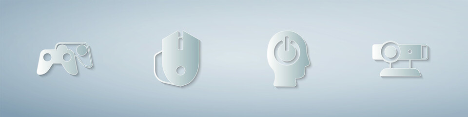 Set Game controller or joystick, Computer mouse, Power button and Web camera. Paper art style. Vector