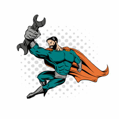 Superhero bearded hipster holding wrench. Hand drawn vector illustration
