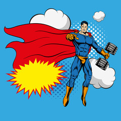 Superhero holding barbell. Hand drawn vector illustration 

