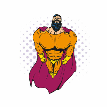 Superhero bearded hipster flying. Hand drawn vector illustration