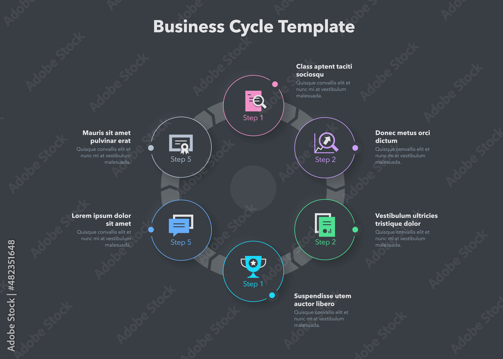 Poster Simple concept for business cycle diagram with six steps and place for your description - dark version. Flat infographic design template for website or presentation.
