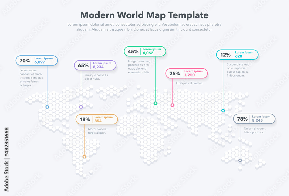 Poster Modern world map template with colorful pointer marks and statistics. Easy to use for your design or presentation.