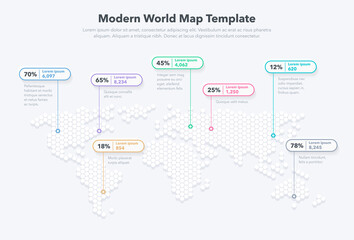 Modern world map template with colorful pointer marks and statistics. Easy to use for your design or presentation.