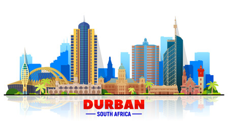 Durban (South Africa) skyline with panorama at white background. Vector Illustration. Business travel and tourism concept with modern buildings. Image for banner or website. - obrazy, fototapety, plakaty