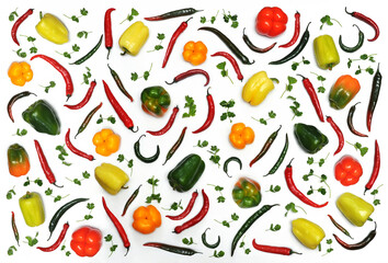 Composition with fresh vegetables : paprika ,  hot chili peppers, cilantro  on a white background.Flat lay top view
