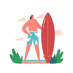 Young Male Character with Surf Board in Hands Stand on Sandy Beach with Arm Akimbo on Summer Resort. Summertime Vacation