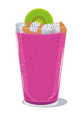 Dragon fruit smoothie decorated with almond nuts and kiwi in a glass. Exotic yummy milkshake, summer healthy refreshment, cold tropical drink. Vector illustration, icon, simbol, object isolated