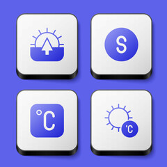 Set Sunrise, Compass south, Celsius and icon. White square button. Vector