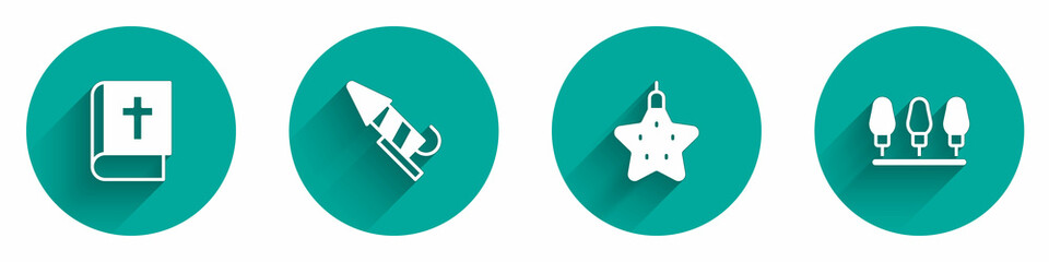 Set Holy bible book, Firework rocket, Christmas star and lights icon with long shadow. Vector