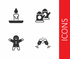 Set Glass of champagne, Burning candle, Holiday gingerbread man cookie and Christmas mittens icon. Vector