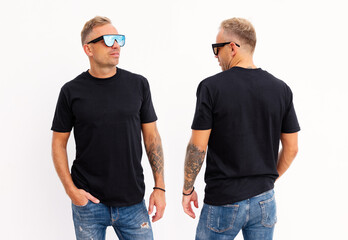 Man wearing black t-shirt, front and back view, mockup for t shirt design