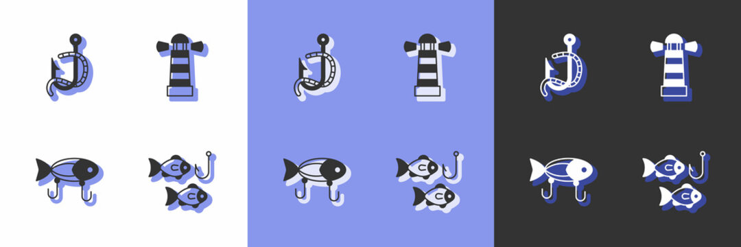 Set Fishing hook with fish, and worm, lure and Lighthouse icon. Vector