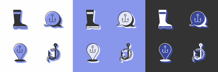 Set Fishing hook and worm, boots, and icon. Vector