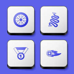 Set Alloy wheel for car, Racing track, Medal and Wheel fire flame icon. White square button. Vector