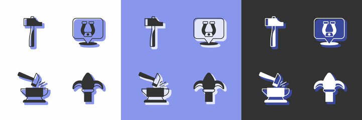 Set Classic iron fence, Hammer, Anvil and hammer and Horseshoe icon. Vector