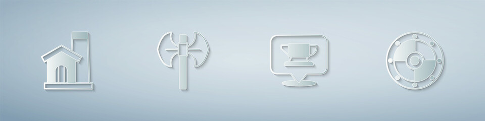 Set Smithy workshop interior, Medieval poleaxe, Blacksmith anvil tool and Round shield. Paper art style. Vector