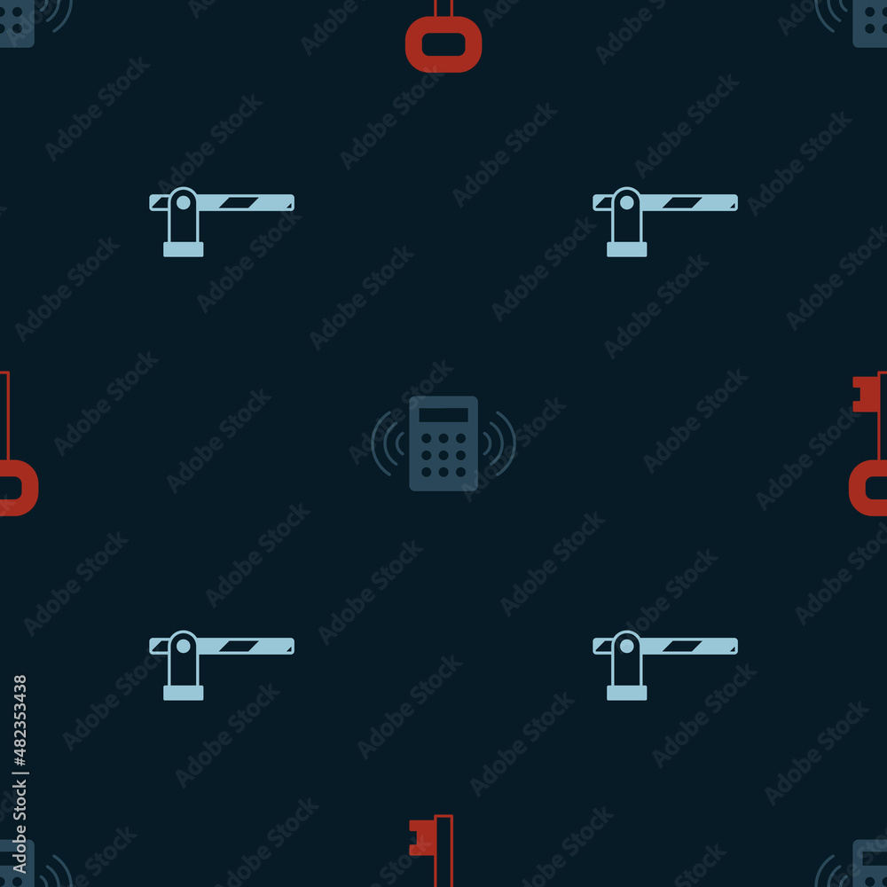 Aufkleber set old key, security keypad access panel and parking car barrier on seamless pattern. vector