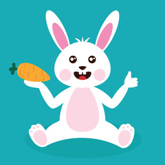 Cute cartoon white Easter bunny rabbit holding a carrot and giving a thumb up. Vector illustration.
