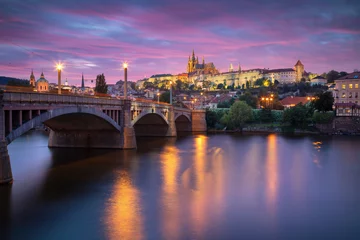 Poster Prague, Czech Republic. Cityscape image of Prague, capital city of Czech Republic with St. Vitus Cathedral and the Charles Bridge over Vltava River at sunset. © rudi1976