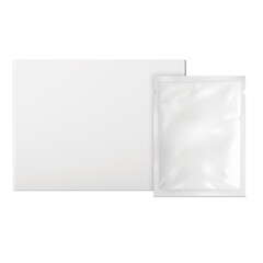 Packaging for wet and dry wipes, cosmetic masks, samples of cosmetics and other products on the background of a white cardboard box. The image is isolated on a white background.