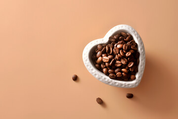 coffee beans in a cup in the form of a heart. Love of coffee