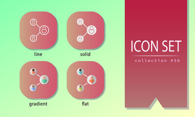 Symbols with connection between people. Team, community, partnership symbols in flat, gradient, solid and line style for UI design, infographics, mobile apps, websites, social network.