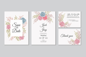 Fototapeta na wymiar Watercolor Wedding invitation card with beautiful blooming floral set