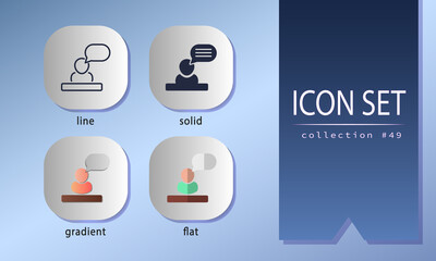 Collection of UI icons with talking person, public speaker. Man with chatting bubble on a podium. Conference signs in gradient, solid, line, flat styles.