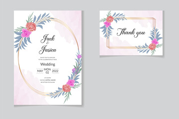 Fototapeta na wymiar Watercolor Wedding invitation card with beautiful blooming floral of red peony and pink rose