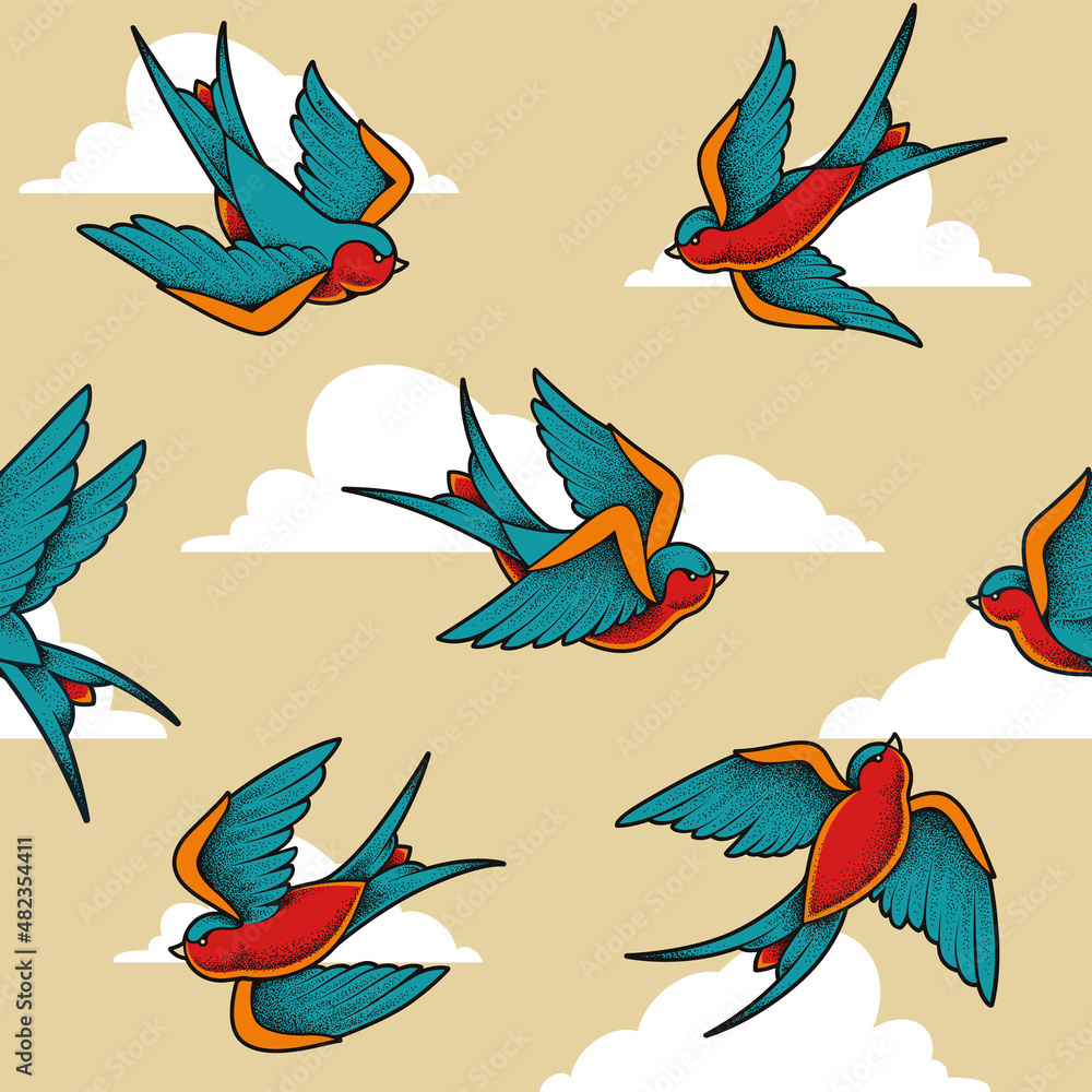 Wall mural Swallow Birds Seamless Pattern